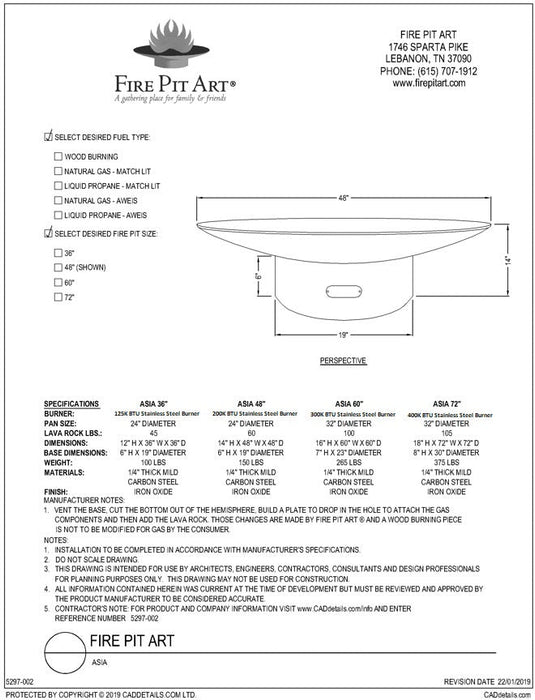 Fire Pit Art Asia 72" Wood Burning Fire Pit