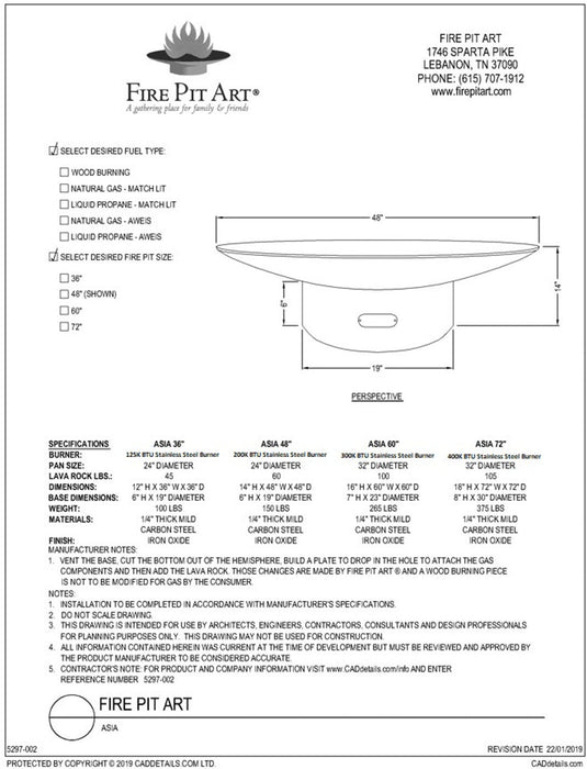 Fire Pit Art Asia 72" Gas Fire Pit