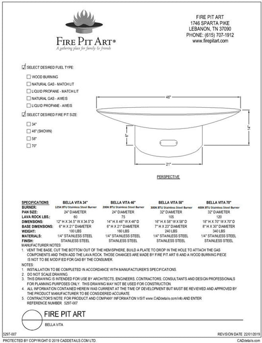 Fire Pit Art Bella Vita 46" Gas Fire Pit