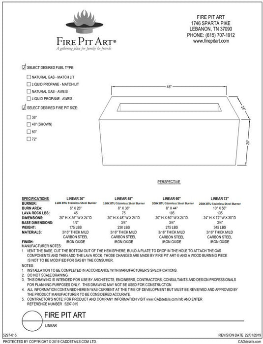 Fire Pit Art Linear 48" - 190K BTU Burner Gas Fire Pit