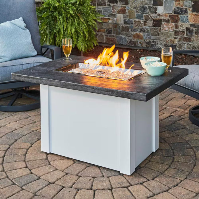 Outdoor Greatroom Stone Grey Havenwood Rectangular Gas Fire Pit Table with White Base