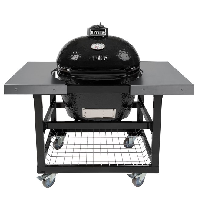 Primo Oval Large Charcoal Grill with Stainless Steel Cart and Shelves