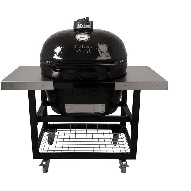 Primo Oval XL Charcoal Grill with Stainless Steel Cart w/ Shelves